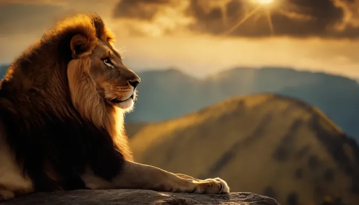 Lion with golden crown on a mountain and a beautiful bright sky