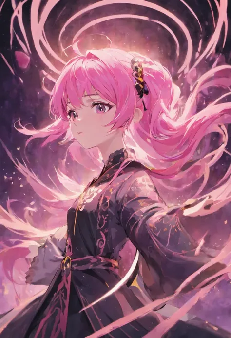 Lacus clyne, pink hair, ponytail, black clothes with pink patterns, white robes