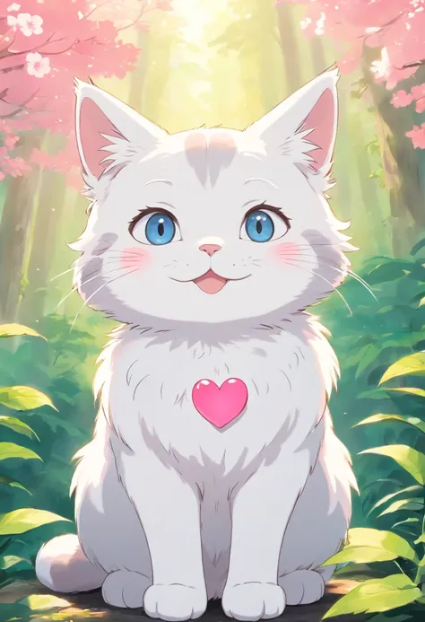 a cute little cat、Eyes big and a little hanging、white colors、Bushy fur、The background is simple with one color、A pink heart is drawn on the cheek、Laughing