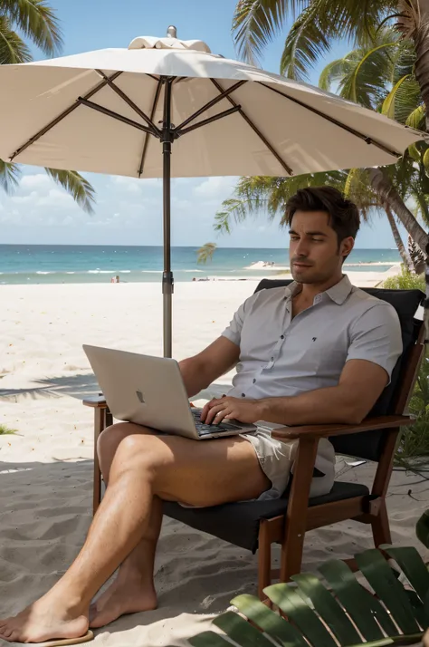 there is a man sitting in a chair with a laptop on hiss hand, realistic, working on laptop, on a lounge chair at the beach under a grass umbrella, working hard,