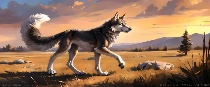 ((Solo)), Male, coyote, (Multi-colored fur, White-brown:1.3，White tail pointed), ((Wolf face, White hair, Big eyes, White eyelids, Blue pupil, Slim:1.2) (Tough, Calm expression:1.2)), Robust，Slim, pinging)), (Correct body anatomy), A long big tail，Feet，Lon...