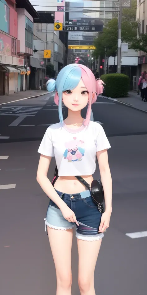 a close up of a person holding a camera on a street, live2d virtual youtuber model, pink twintail hair and cyan eyes, kawaii shirt and jeans, highly detailed full body, full body picture, y 2 k cutecore clowncore, anime vtuber full body model, 3rd-person c...