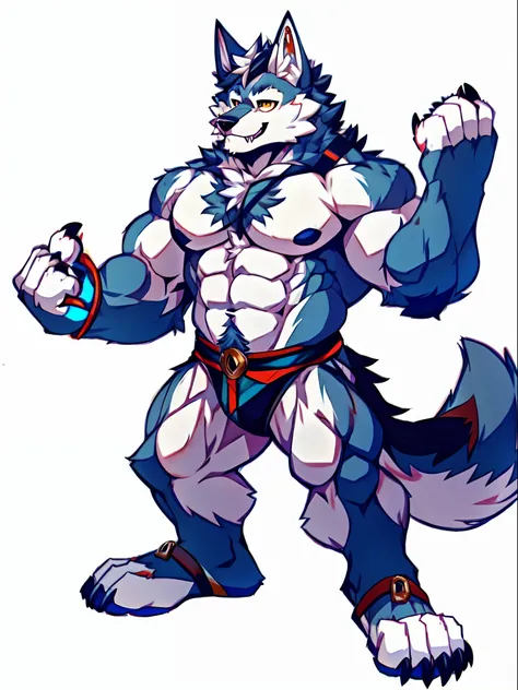 Human-wolf，musculous，Hairy all over，clawed paws，erect through