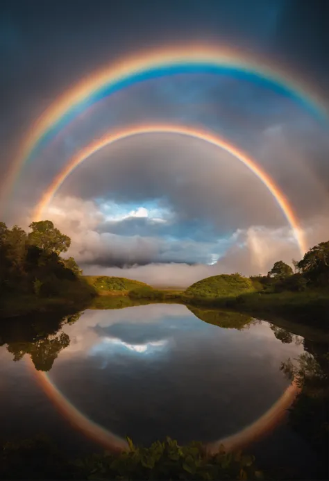 A close-up of a rainbow-colored circle in the sky. The scene features a rainbow that resembles air and is filled with rainbow-colored clouds. This is a very colorful heaven. The clouds are rainbow-colored and lit by a holy light halo. The scene also includ...