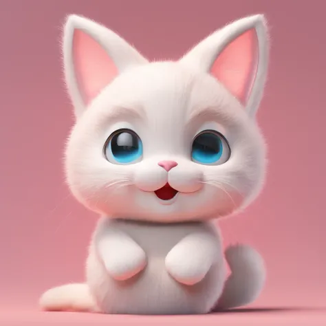 a cute little cat、eyes large and slightly hanging、white colors、Bushy fur、The background is simple with one color、A pink heart is drawn on the cheek、Laughing