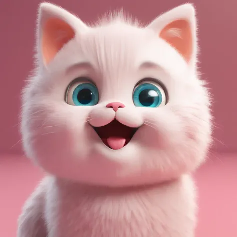 a cute little cat、eyes large and slightly hanging、white colors、Bushy fur、The background is simple with one color、A pink heart is drawn on the cheek、Laughing