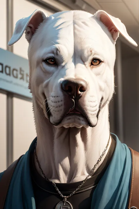 Dogo Argentino im Anzug, nachrichtensprecher Front face, Sprechende Nachrichten, wenige Winkel, open mouth,