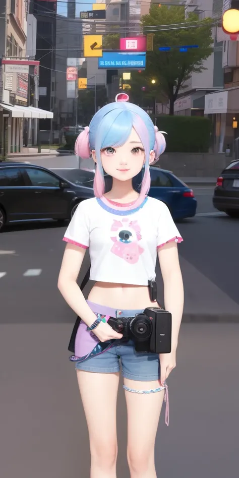 a close up of a person holding a camera on a street, live2d virtual youtuber model, pink twintail hair and cyan eyes, kawaii shirt and jeans, highly detailed full body, full body picture, y 2 k cutecore clowncore, anime vtuber full body model, 3rd-person c...