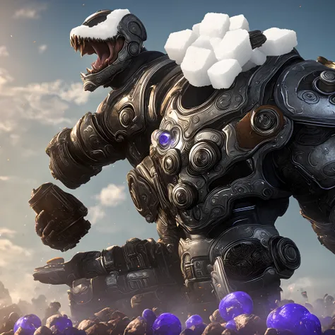 Hyper realistic Marcus Fenix from gears of war in his armor sitting on top of the rift worm looking up to the sky holding a white styrofoam cup stacked on top of another whit styrofoam cup with glowing purple liquid