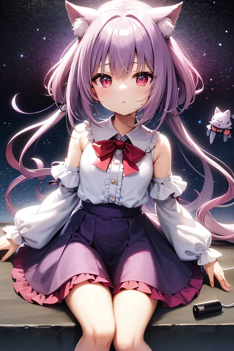 masutepiece、hightquality、high-level image quality、in 8K、Afees Cosplay、personification、girl with、elementary student、Light purple clothes、Light purple hair、Medium Hair、Lilac elongated cat ears、White background、Red gems on the forehead、Chibi Chara、Write the w...