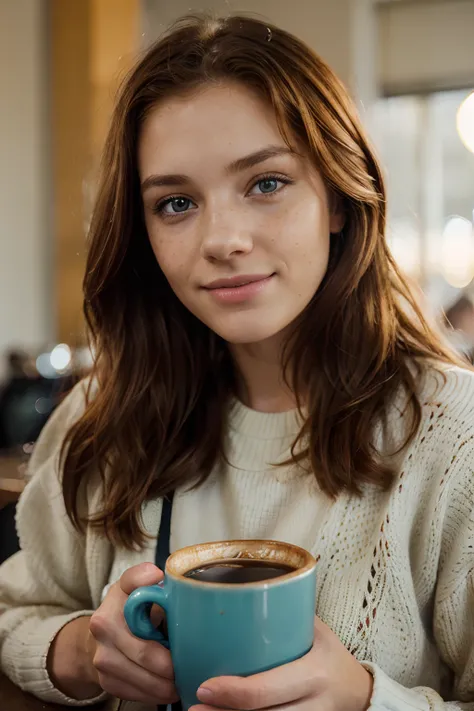 beautiful redhead, freckles on her face, with yellow sweater (Drinking coffee in a modern cafe at sunset), very detailed, 14 years old, Innocent face, naturally wavy hair, blue eyes, high resolution, masterpiece, best qulaity, Details Intricate, very detai...