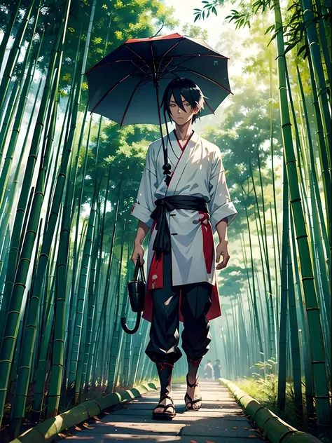 anime man demon, with a decorative umbrella, bamboo grove