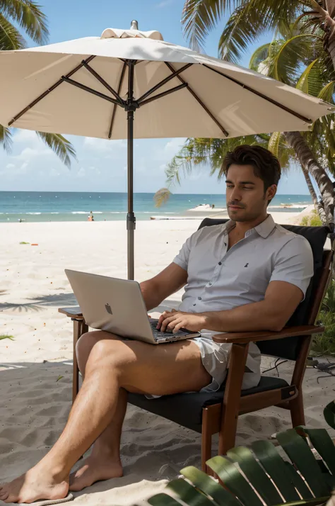 there is a man sitting in a chair with a laptop on hiss hand, realistic, working on laptop, on a lounge chair at the beach under a grass umbrella, working hard, remove background