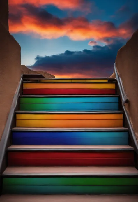 Close-up of the stairs leading to the rainbow sky, Very colorful stairway to heaven. The sky is full of iridescent clouds. This staircase leads from hell to heaven, Reflecting the colors of the heavens. Rainbow clouds lead you to a colorful sky. This path ...