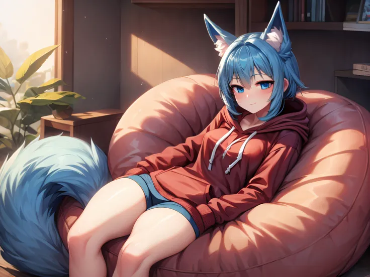 (Masterpiece) (High Detail) (High Res) A short humanoid girl with pale human skin and blue eyes and long blue hair and blue dog ears and a big fluffy dog tail and small breasts is relaxing on a large beanbag-chair, and is wearing just an oversized burgundy...