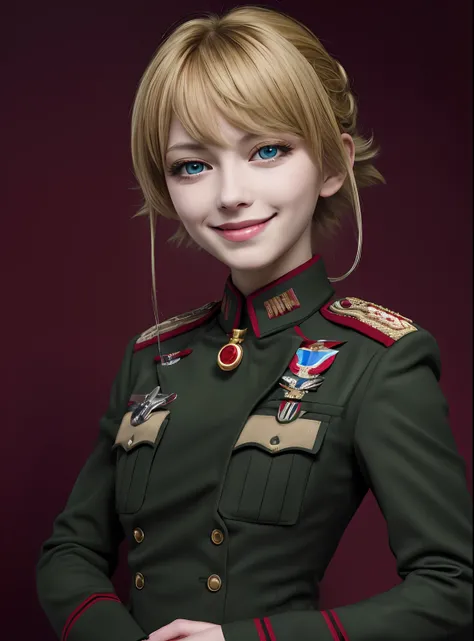 masterpiece, detailed, high quality, absurdres, tanya, 1girl, solo, evil grin, small breasts, curvy, military, military uniform,