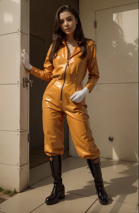 She is wearing a zipped orange jumpsuit with boots and black latex shiny gloves that goes until the end of her foreamrs