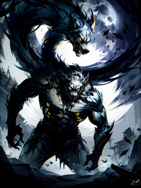 A werewolf,illustration,Walk upright,Painting,Detailed,Ultra-detailed,Realistic,nightfall,full moon,Intense,Ominous atmosphere,Dense forest,Sharp teeth,Silver light,howling,glowing bright yellow eyes,muscular physique,solitary figure,Majestic,Ferocious,Sha...