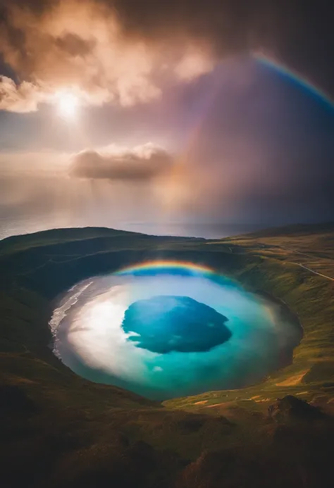 Close up of iridescent circle in the sky. The scene features a rainbow resembling air.、Full of iridescent clouds. This is such a colorful haven. Clouds are iridescent、Illuminated by the holy halo. The scene has、Also included are clear iridescent galaxies a...