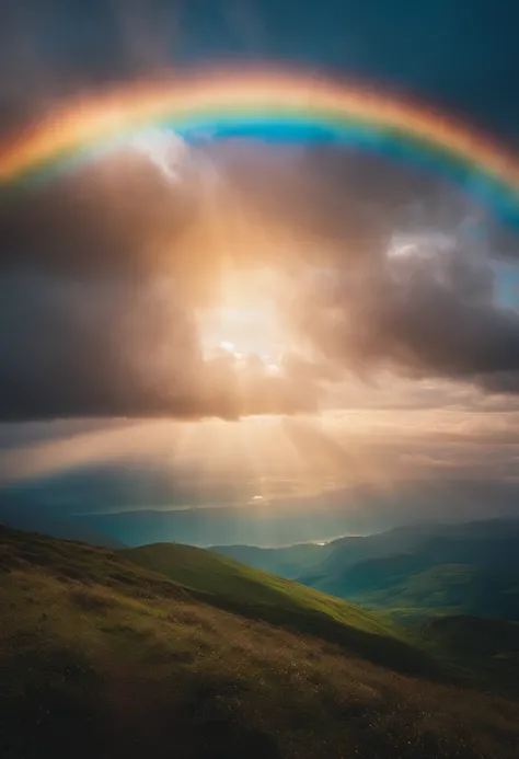 Close up of iridescent circle in the sky. The scene features a rainbow resembling air.、Full of iridescent clouds. This is such a colorful haven. Clouds are iridescent、Illuminated by the holy halo. The scene has、Also included are clear iridescent galaxies a...