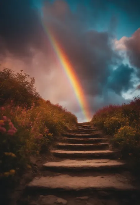 Close-up of the stairs leading to the rainbow sky, A very colorful staircase to heaven. The sky is full of iridescent clouds. This staircase leads from hell to heaven, Reflecting the Colors of Heaven. Rainbow clouds lead you to a colorful sky. This road is...