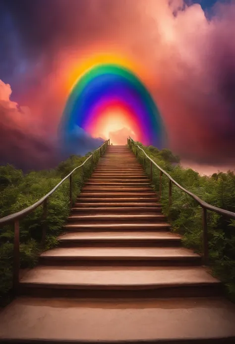 Close-up of the stairs leading to the rainbow sky, A very colorful staircase to heaven. The sky is full of iridescent clouds. This staircase leads from hell to heaven, Reflecting the Colors of Heaven. Rainbow clouds lead you to a colorful sky. This road is...