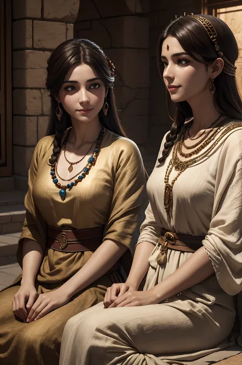 high quality, ultra-realistic, closeup portrait of two Beautiful women of ancient Mesopotamia sitting, leering:1.4,dynamic pose,ancient Mesopotamian civilization, Babylonia, Uruk, tunics of various lengths, linen garments, agate necklaces,translucent paisl...