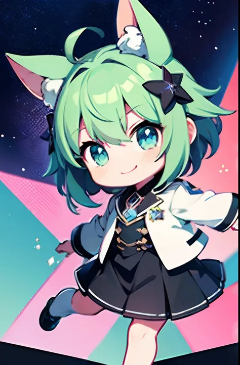 超A high resolution, Best aesthetic, Top quality depiction of the foot, Put on a jacket,  Green and blue hair on the back, Flat Avatar,  Anime visuals of cute girls, Cute art style, Chibi,  Shorthair, Ahoge, is shy, A smile, hair adornments,Chest out, absur...