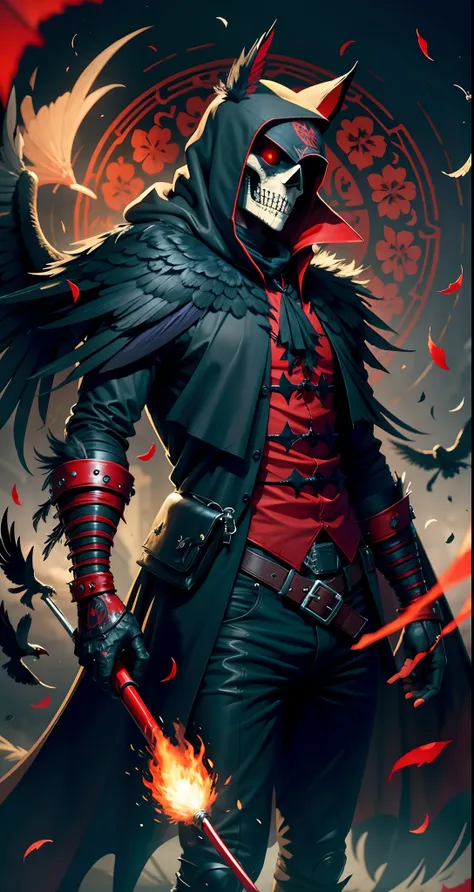 Daemon, raven, calavera, red-eyes, hood, Gloating Smile, Feathers on the shoulders, Flying Raven, Bloody Backstory