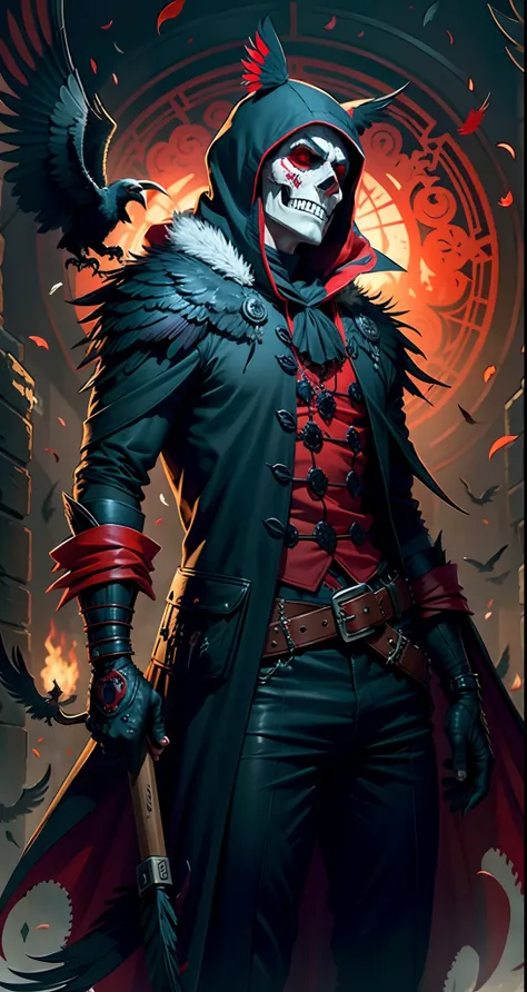 Daemon, raven, calavera, red-eyes, hood, Gloating Smile, Feathers on the shoulders, Flying Raven, Bloody Backstory