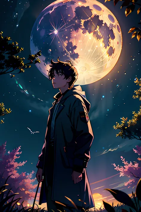 Expansive landscape photograph , (View from below，Displays the sky above and the clearing below), A boy stands on a field of flowers and looks up, (full moon:1.2), ( meteors:0.9), (Starcloud:1.3), Far Mountain, tree BREAK
production art, (Warm light source...