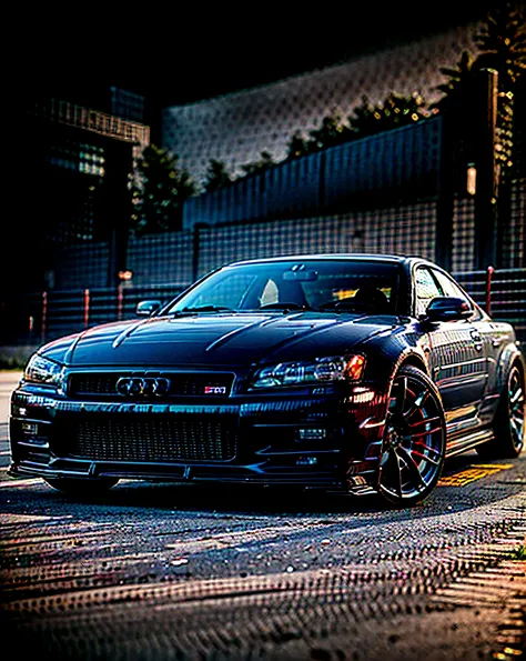 Audi car with red rims and black body kit, Wide body, Black car, full view of a sport car, full view of a car, full device, s line, carbon, conceito, concept ar, front of car angle, front profile shot, modern car design, type - 2, realistic cars, concept m...