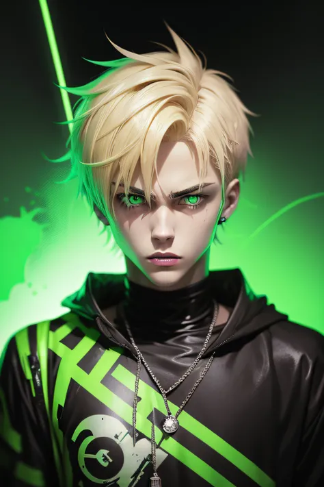 anime phonk devil blond guy, short hair styled to the right who looks like Justin bieber warrior horror album cover with neon green colors