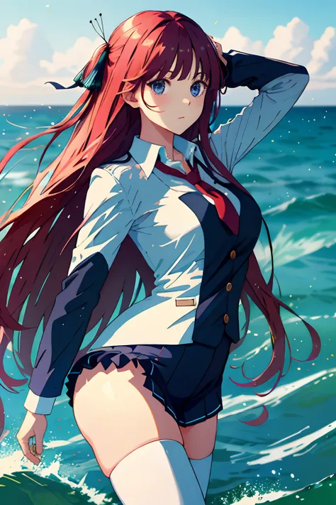 ​masterpiece, Better Quality, hight resolution, nn1, 1girl in, The long-haired, 1girl in, Solo, Suits, wide thighhighs, large full breasts, at sea, look at viewr,dance