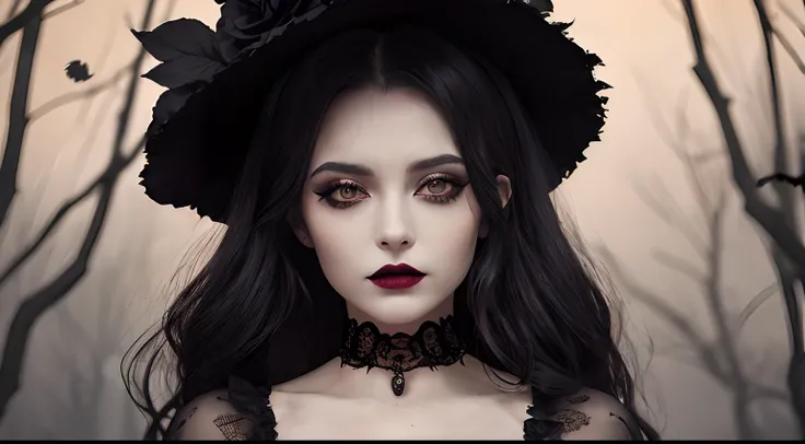 a woman in a black dress, Holding a pumpkin with a crown of roses on her head, beautiful witch spooky female, in a halloween style, beautiful witch female, Beautiful Dark Autumn Princess, beautiful female witch, beautiful vampire queen, with haunted eyes a...