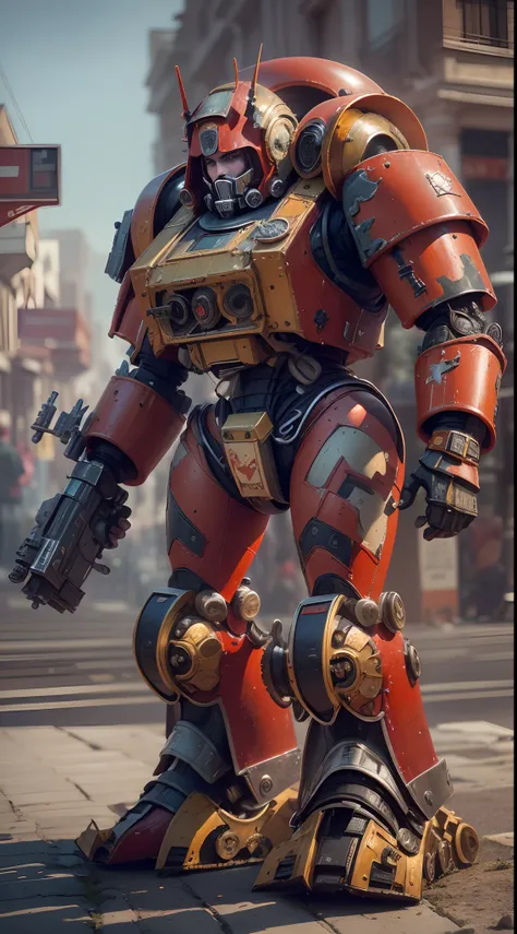 (The main subject: Wide-angle lens), salama，Singer Madonna as Marine Astartes, Show on the(humongous large breast)Power mech in color： red colour, (warhammer40k)，Realistic metal mech,Standing in the street.(Best quality,4K,8K,A high resolution,Masterpiece:...