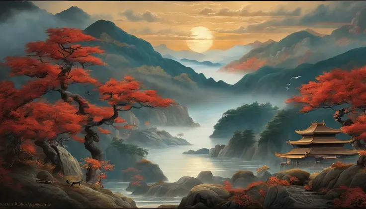 Yamakawa，rios，Sun，Mountain and Sea Skylark Scroll，Ancient mythology《Mountain and Sea Sutra》，mythological beasts，Epic composition，shadowing，National style