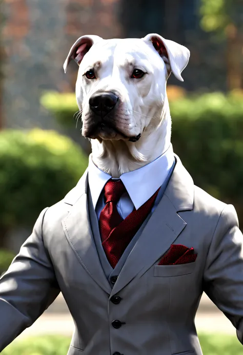 Dogo Argentino wears a suit and tie instead of a collar, 1.Offener Mund, 2. maul aufgerissen,,Unreal-Engine, Meisterwerk, Kunstwer, UHD, 4K, 8K, Vorderseite,