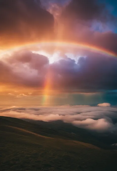 Close up of iridescent circle in the sky. The scene features a rainbow resembling air.、Full of iridescent clouds. This is such a colorful haven. Clouds are iridescent、Illuminated by the holy halo. The scene has、Also included are clear iridescent galaxies a...