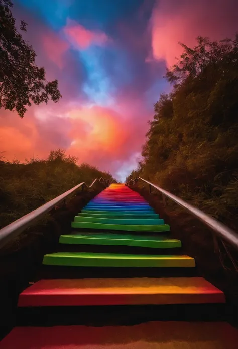 Close-up of the stairs leading to the rainbow sky, A very colorful staircase to heaven. The sky is full of iridescent clouds. This staircase leads from hell to heaven, Reflecting the colors of the heavens. Rainbow clouds lead you to a colorful sky. This ro...