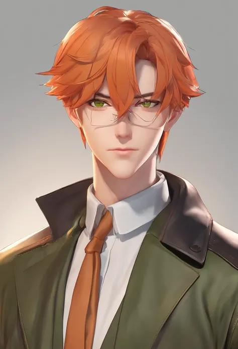 ((highest quality, masterpiece, 1 male, handsome, male, adult male, older guy, broad shoulders, tall height((big hair)), looking at the viewer ((green eyes)), ((orange hair, hair tied), standing, piercings, older face, adult, anime version, black coat outf...