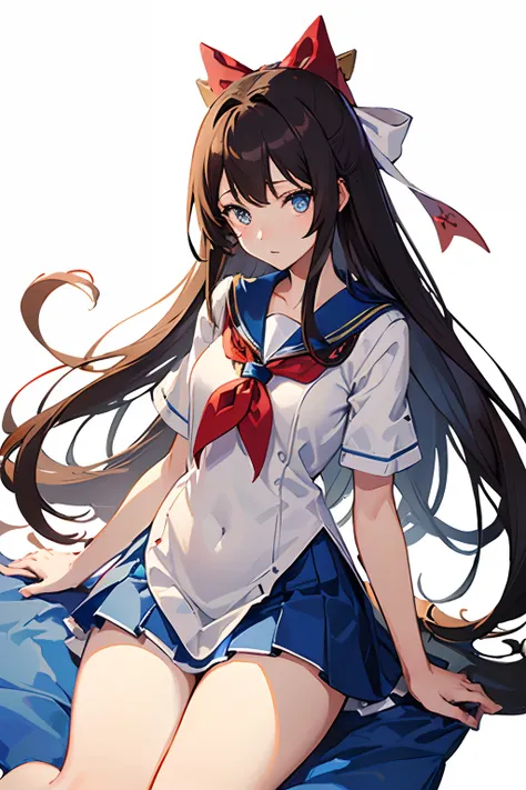 ((masutepiece, Best Quality)),(Illustration),(detailedlight),((extremely delicate and beautiful)),Colorful, High contrast, 1girl in, (Sailor Suit), long_hair,brown_hair,Blue_Eyes,Asim,Black_sox,bow ribbon,Solo, Stand on the floor,white background,whole (bo...