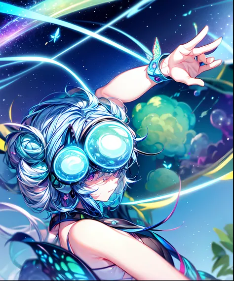 Cute iridescent round monster in space、Iridescent grass々Drawing a butterfly flying over the water, Looking up at the starry sky. Surround her with colorful nebulae and colorful forests.