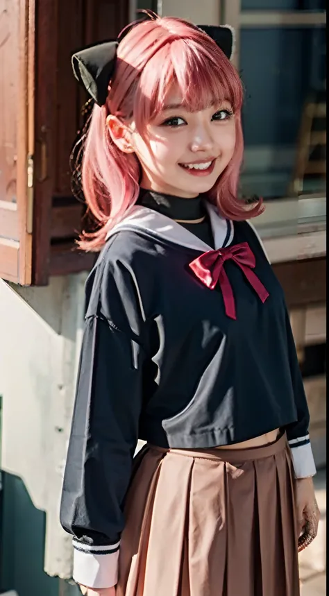 17-year-old figure、Black triangular pyramid ornament on the head、Pink hair、realisitic、a sailor suit、Dark blue pleated skirt、red bowtie、Colossal tits、Cute smile、The cutest in the world、A sexy、outside of house、Realistic