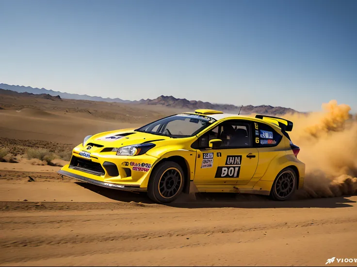 Yellow Toyota Corsa WRC blowing up the desert