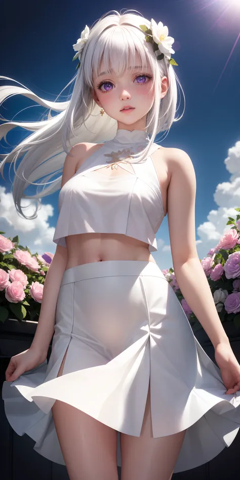 Realistic, 1girl, white hair, purple eyes, glowing eyes, cropped top, skirt, parted lips, blush, night, flowers, sun, sunlight, white skirt, short skirt, medium length hair, real, warm colors, white short Dress, white clothes, light background color, day e...