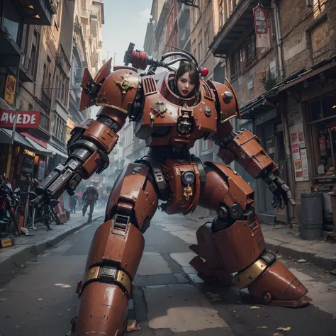 (The main subject: Wide-angle lens), salama，Singer Madonna as Marine Astartes, Show on the(humongous large breast)Colorful powered mech： red colour, (warhammer40k)，Realistic metal mech,Standing on a no-mans street.(Best quality,4K,8K,A high resolution,Mast...