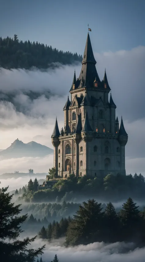 An ancient castle looms behind the mists of the dense forest