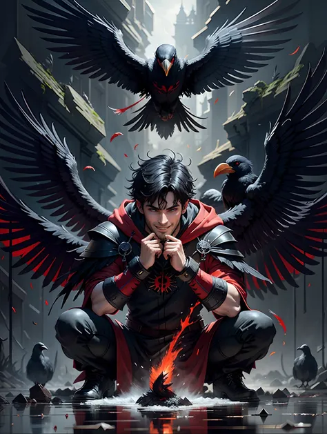 Daemon, raven, red-eyes, hood, Gloating Smile, Feathers on the shoulders, Flying Raven, Bloody Backstory, Wings of Crows