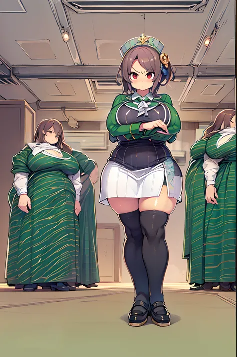 masutepiece, excellent, (Office: 1.8), Ultra-high-definition CG rendering, Standing, 1 Royal Sister, angry, Woman with short tanned hair, layered dress, Hands folded at the waist, Illustration, Wide-angle panorama,bbw、huge-breasted、